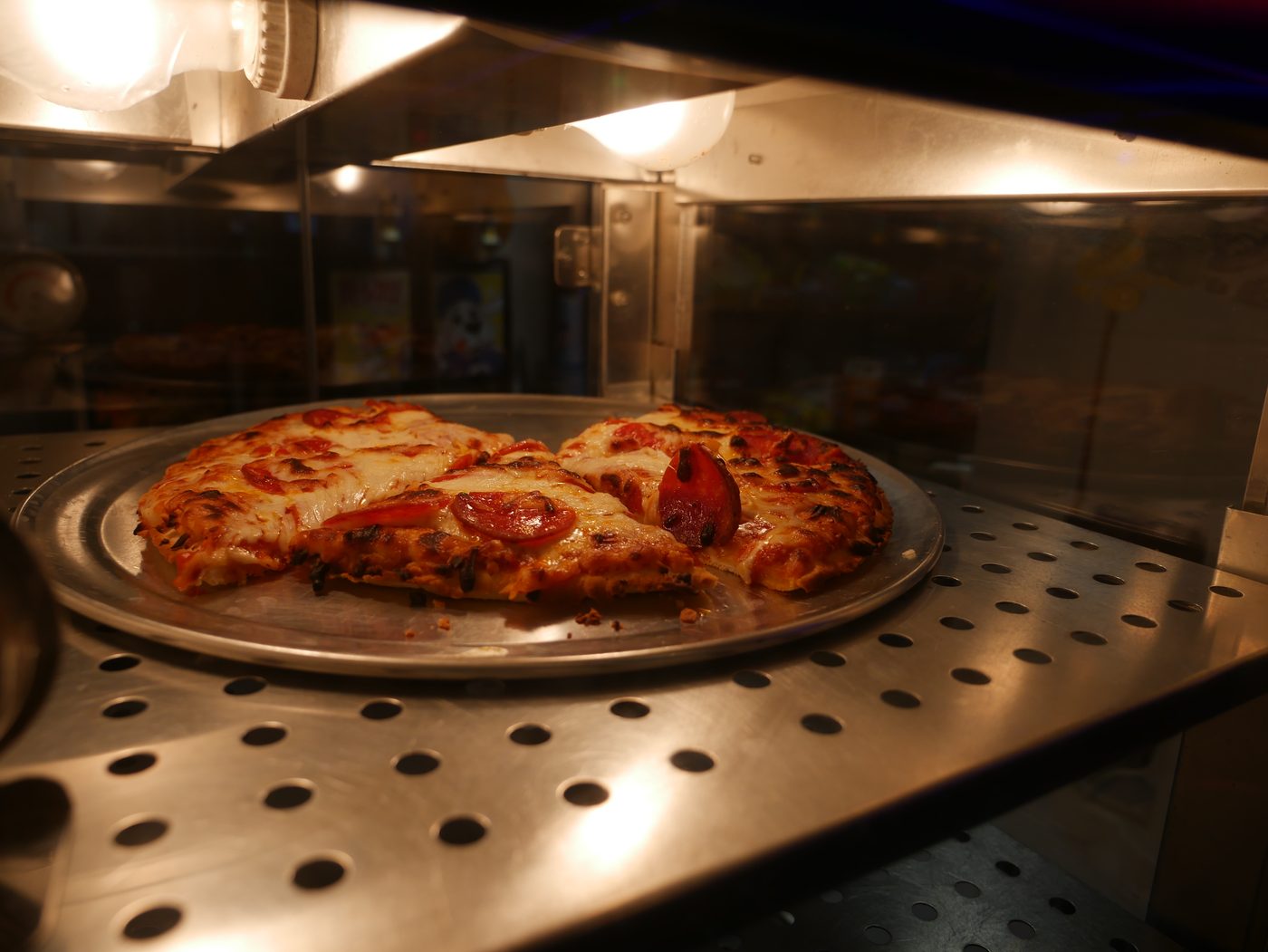 Fresh pepperoni pizza in the warmer at Caf&eacute; 36 inside 36 Skate Club, Piqua Ohio