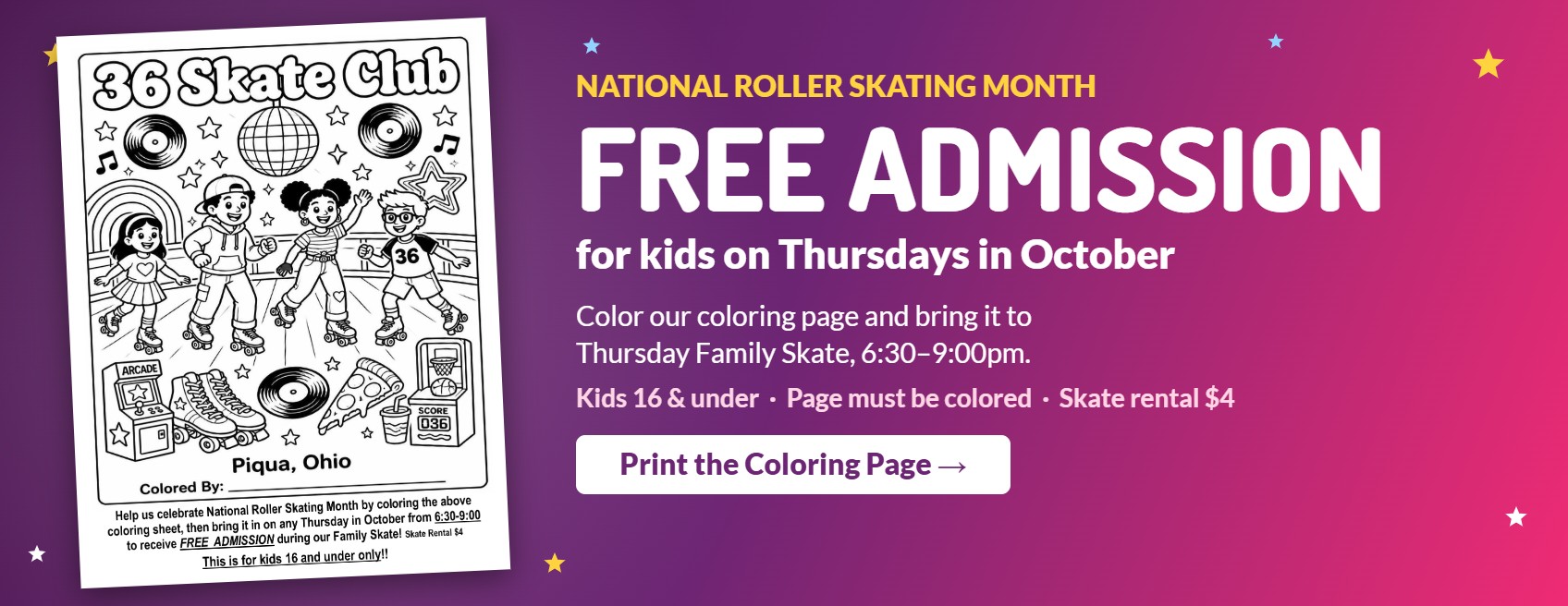 Free admission for kids 16 and under on Thursdays in October with a colored 36 Skate Club coloring page